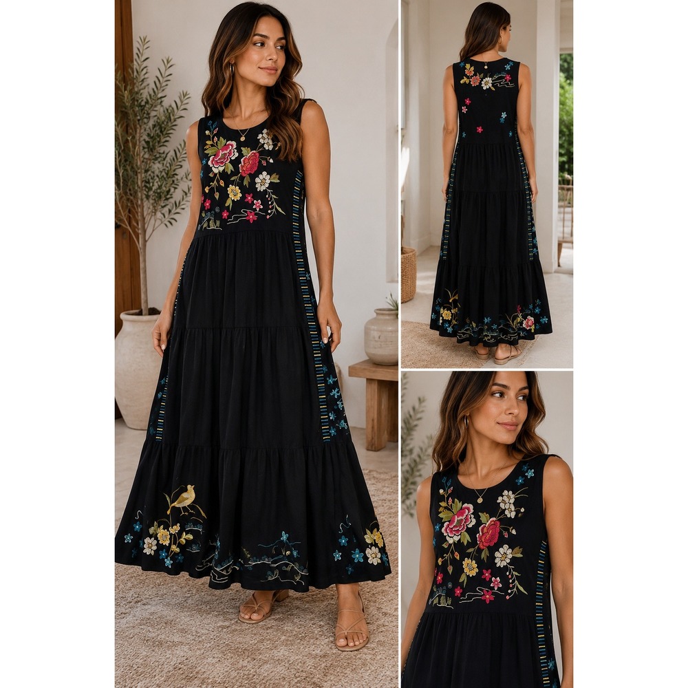 Johnny Was Maxi Dress Black Floral Embroidered Cotton Boho Tiered Sleeveless M